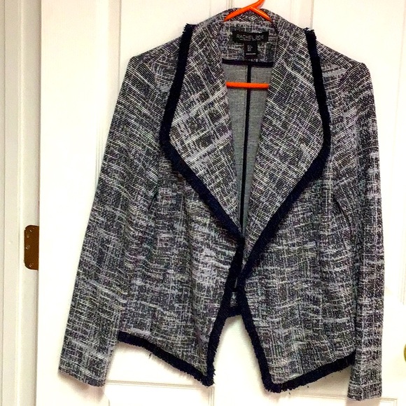 Rachel Zoe Blue Boucle Tweed Open Front Fringe Blazer Jacket Small S - Picture 1 of 5